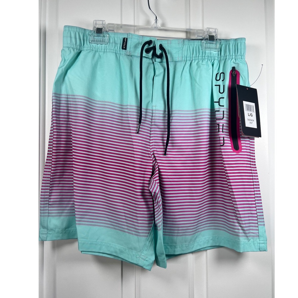 Spyder Mens Board Shorts Mint Green Purple Striped LG Swim Trunks Size Large NWT